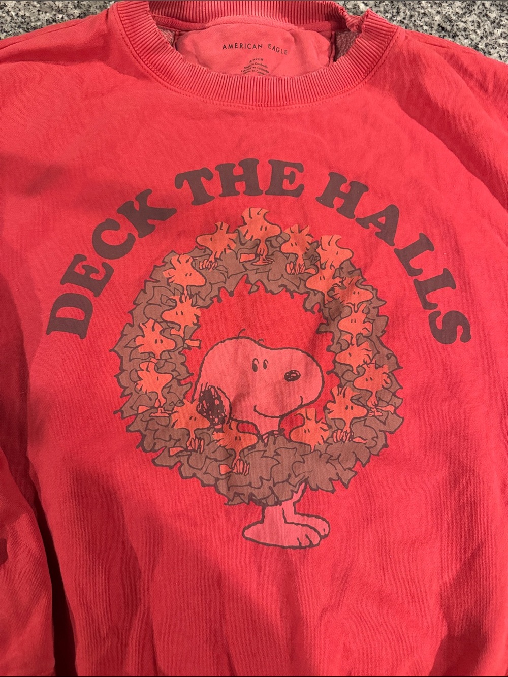 American Eagle Outfitters Red Coral Snoopy "Deck The Halls" Sweatshirt